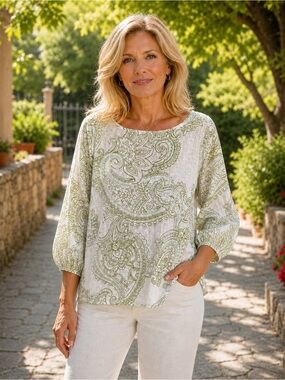 Rachel Zoe White/ Sage Green Paisley Linen Boxy Blouse Top, XL, Coastal Beachy
